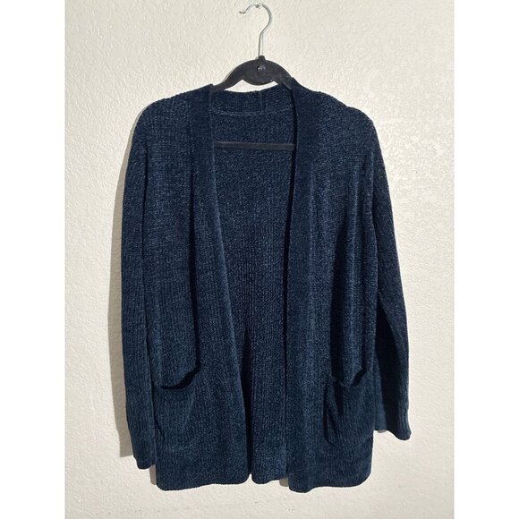 Womens Cardigan Sweater  Open Front Navy Blue  Pockets Long Sleeves Soft Knit - Picture 1 of 6
